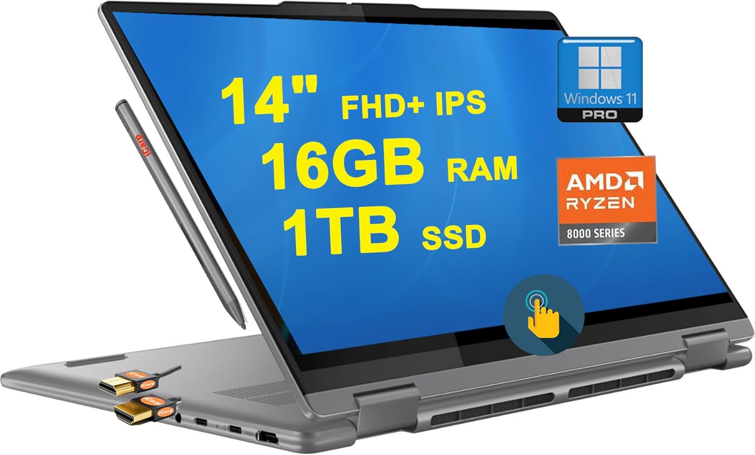 Lenovo Yoga 7 2-in-1 AI PC Laptop 14" FHD+ Touch AMD Zen 4 8-core Ryzen 7 8840HS (>i7-12700H) 16GB RAM 1TB SSD Backlit Fingerprint Long-Lasting Battery Rapid Charging Digital Pen Win11Pro + HDMI Cable