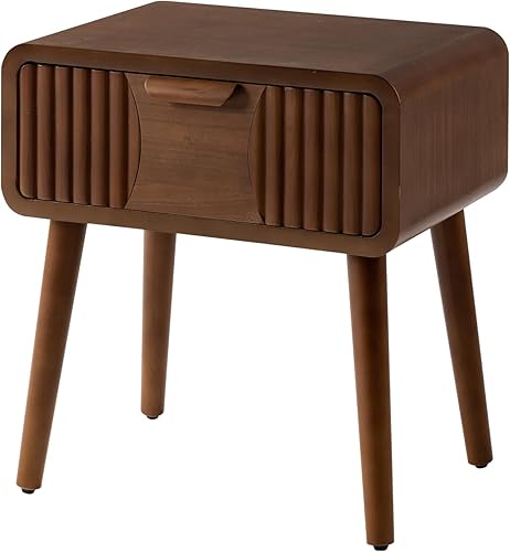 Miniatura 8 de COSIEST Mesita de noche de mediados de siglo, moderna mesa auxiliar con patrón de rayas, muebles de acento vintage con cajón de almacenamiento, mesa