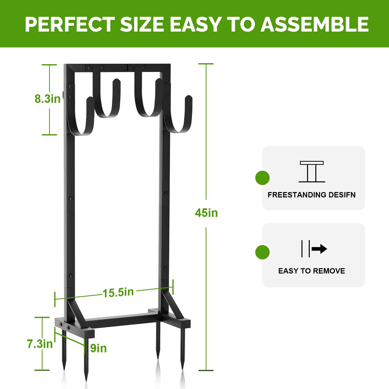Soporte de manguera de jardín resistente con base estable y ganchos para herramientas, colgador de manguera de metal independiente para manguera de jardín con capacidad para manguera de 151