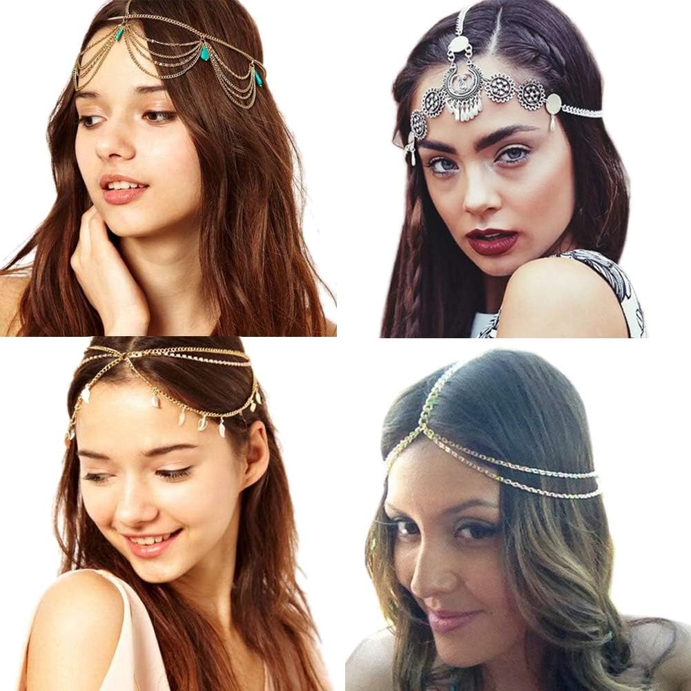 4 Pcs Gold Head Chain, Turquoise Tassel Hair Jewelry Prom Indian Bridal Wedding Gypsy Head Hair Chain Boho Headbands