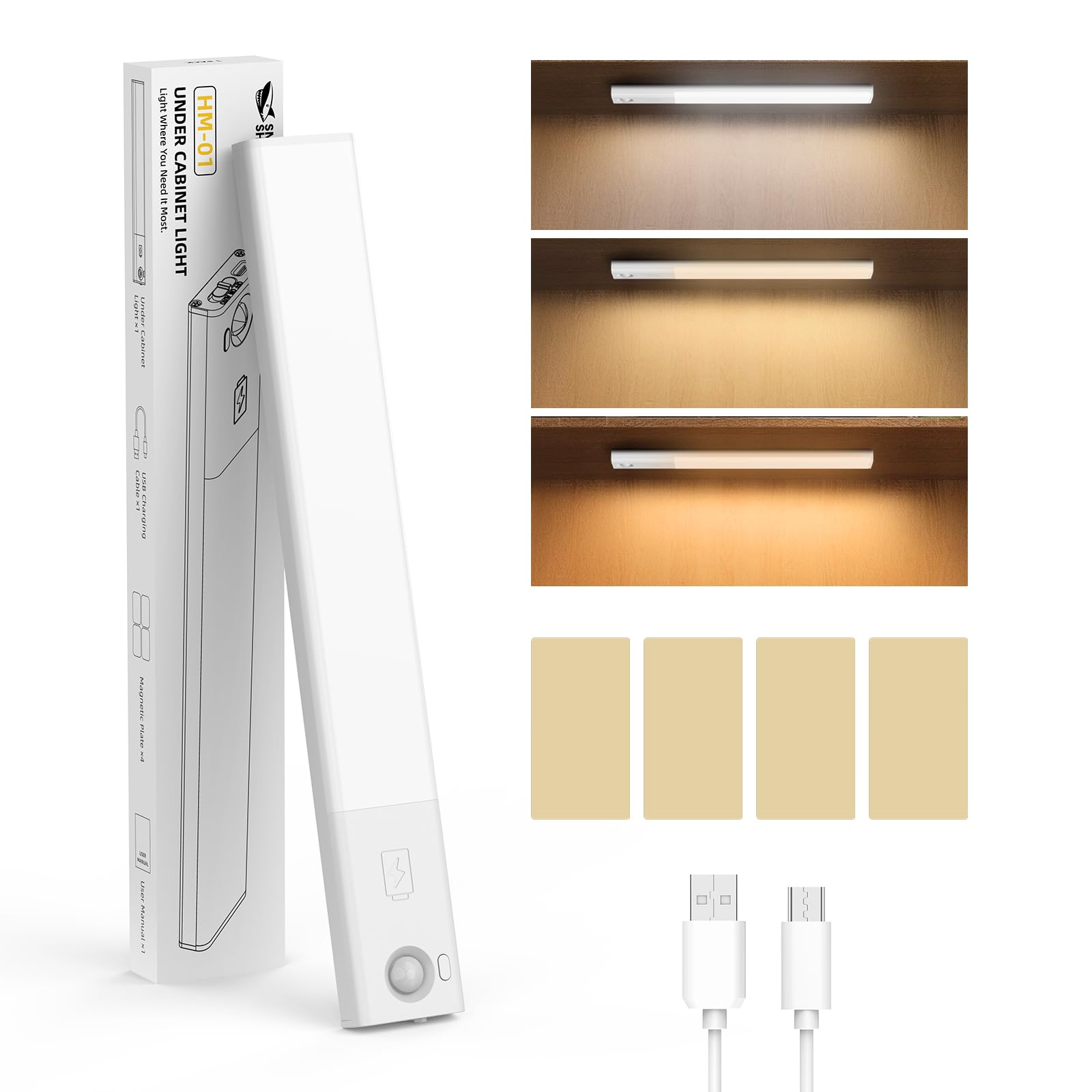 Smiling Shark HM-01 Under Cabinet Light, 1200mAh Rechargeable Motion Sensor LED 3CCT (3000K/4000K/6000K) Stepless Dimming Quick Recharge Magnetic Night Light for Kitchen Wardrobe Bedroom Closet