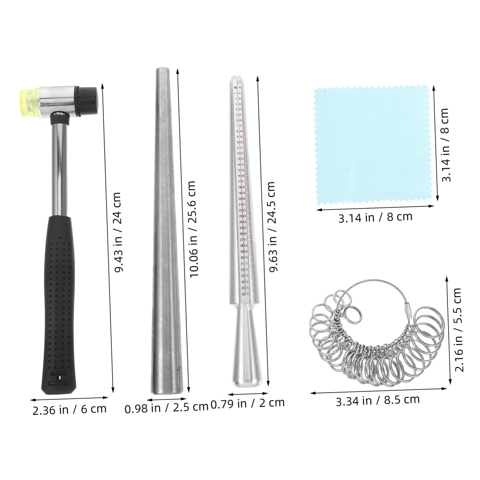 NUOBESTY Kit Strumenti Misurazione Anelli Metallo Mandrino Hobbista Fai da Te Martello Panno per Precisione Dimensionamento e Creazione Gioielli