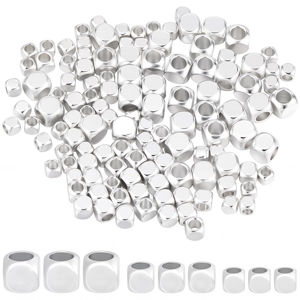 CREATCABIN 150Pcs Cube Spacer Beads 925 Sterling Silver Cornerless Cube Beads Loose 3 Sizes Stackable Metal Small Beads Smooth Beads for Summer Hawaii Bracelet Necklace DIY Jewelry Making 4/3/2.5 mm