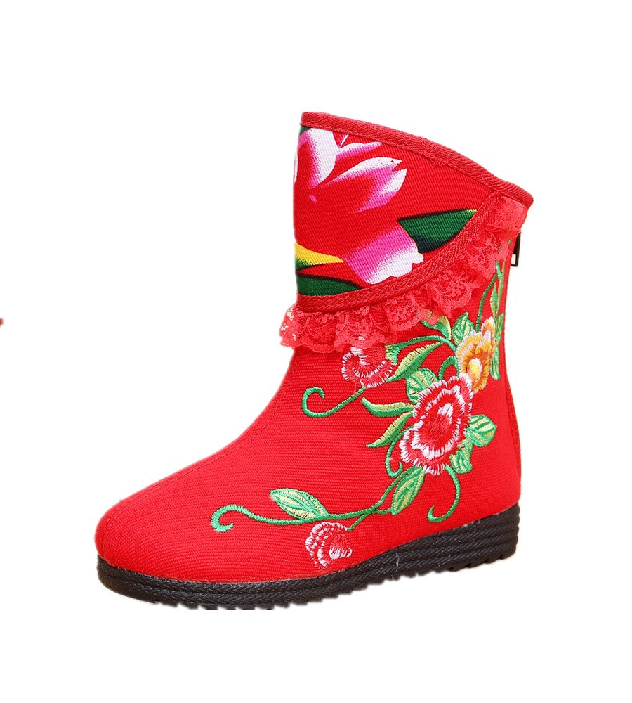 Tianrui Crown New Girls Midcalf Flower Embroidery Winter Boots Shoes (Toddler/Little Kid/Big Kid) Red
