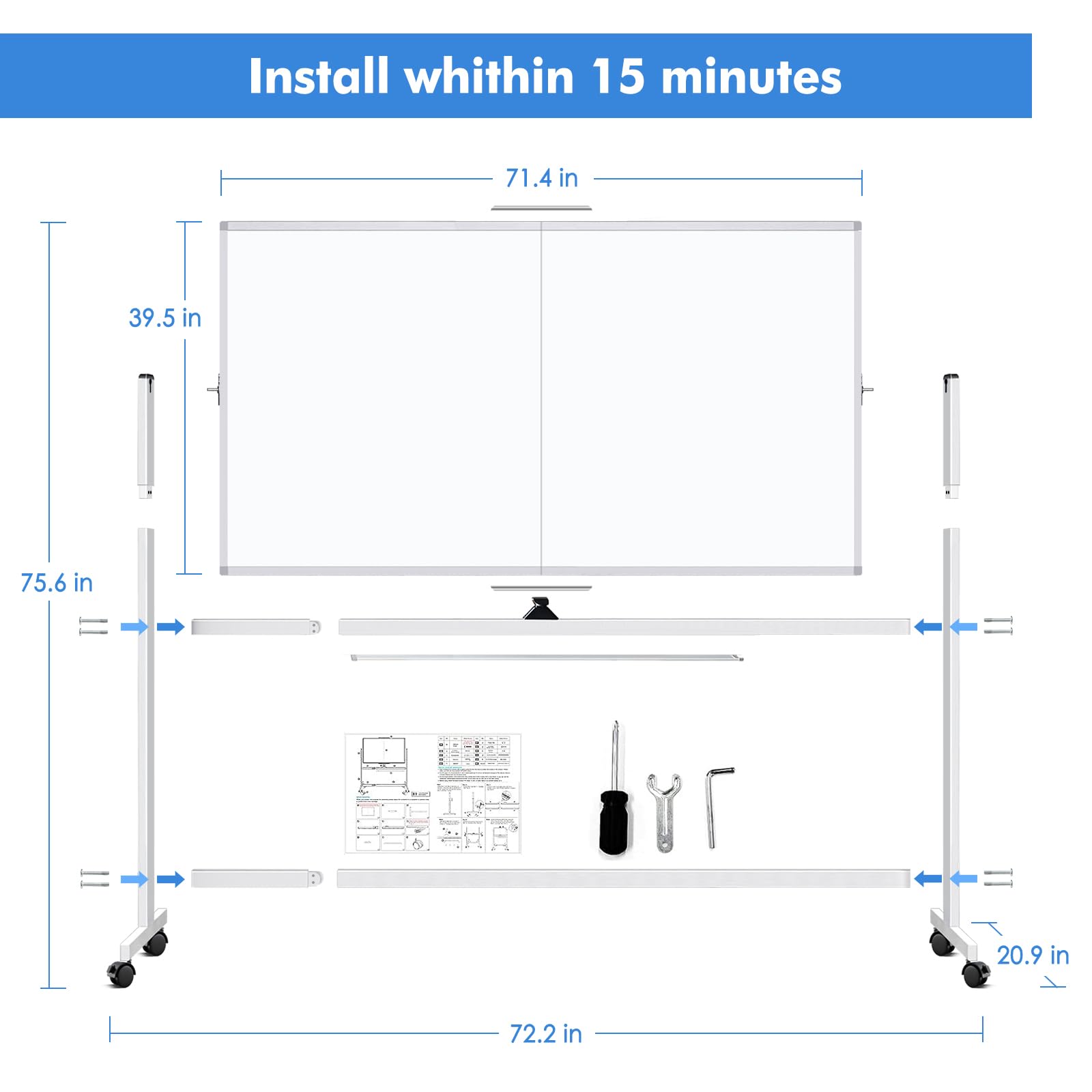 TRIPOLLO Rollendes Whiteboard, doppelseitig, 72 x 40 cm, groß, mobil, trocken abwischbar, 360° wendbar, stehend, magnetisch, Whiteboard auf Rädern für Schule, Klassenzimmer, Büro