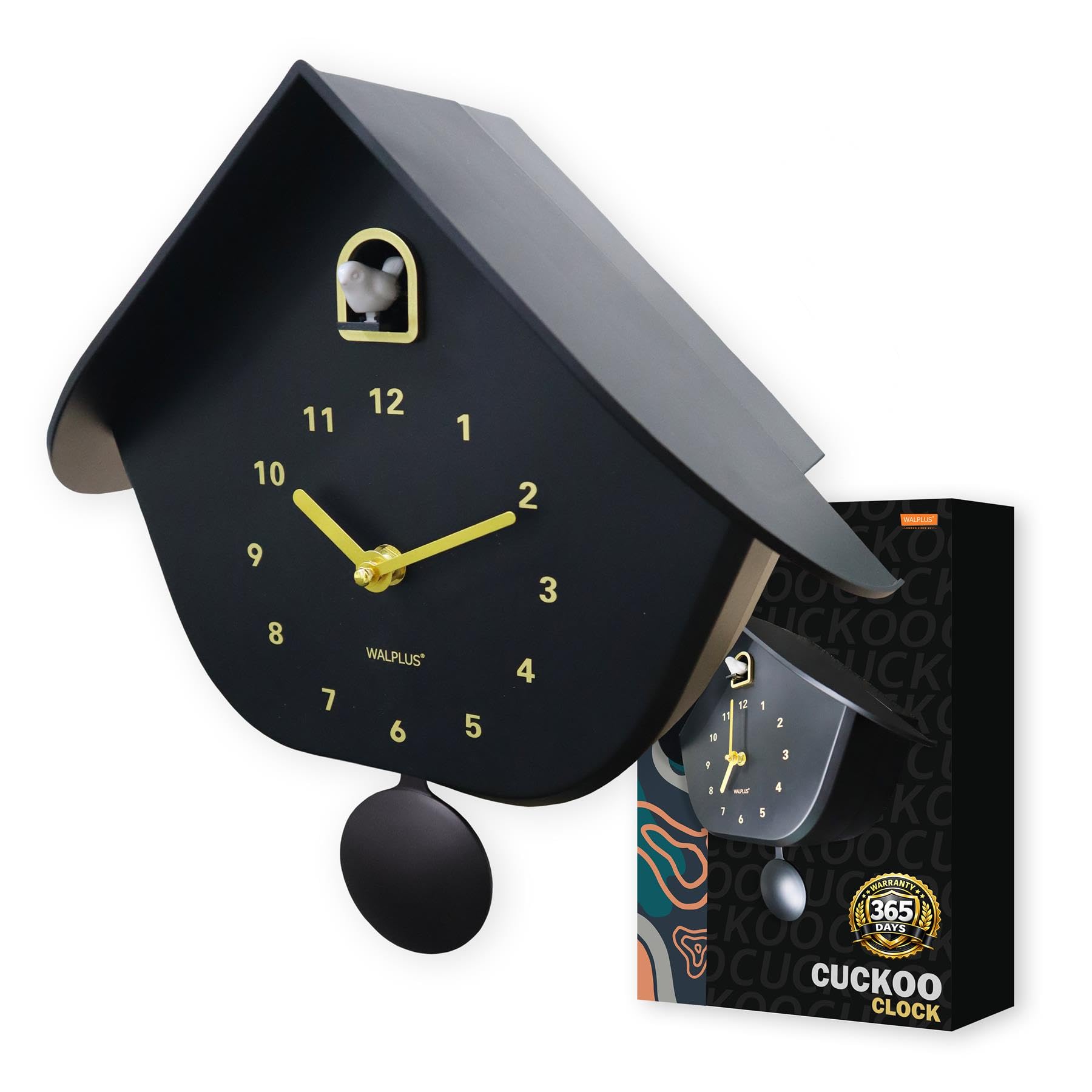 WALPLUS Black Matte Cuckoo Clock 32.5cm with Removable Pendulum, White Bird - Cuckoo Clock