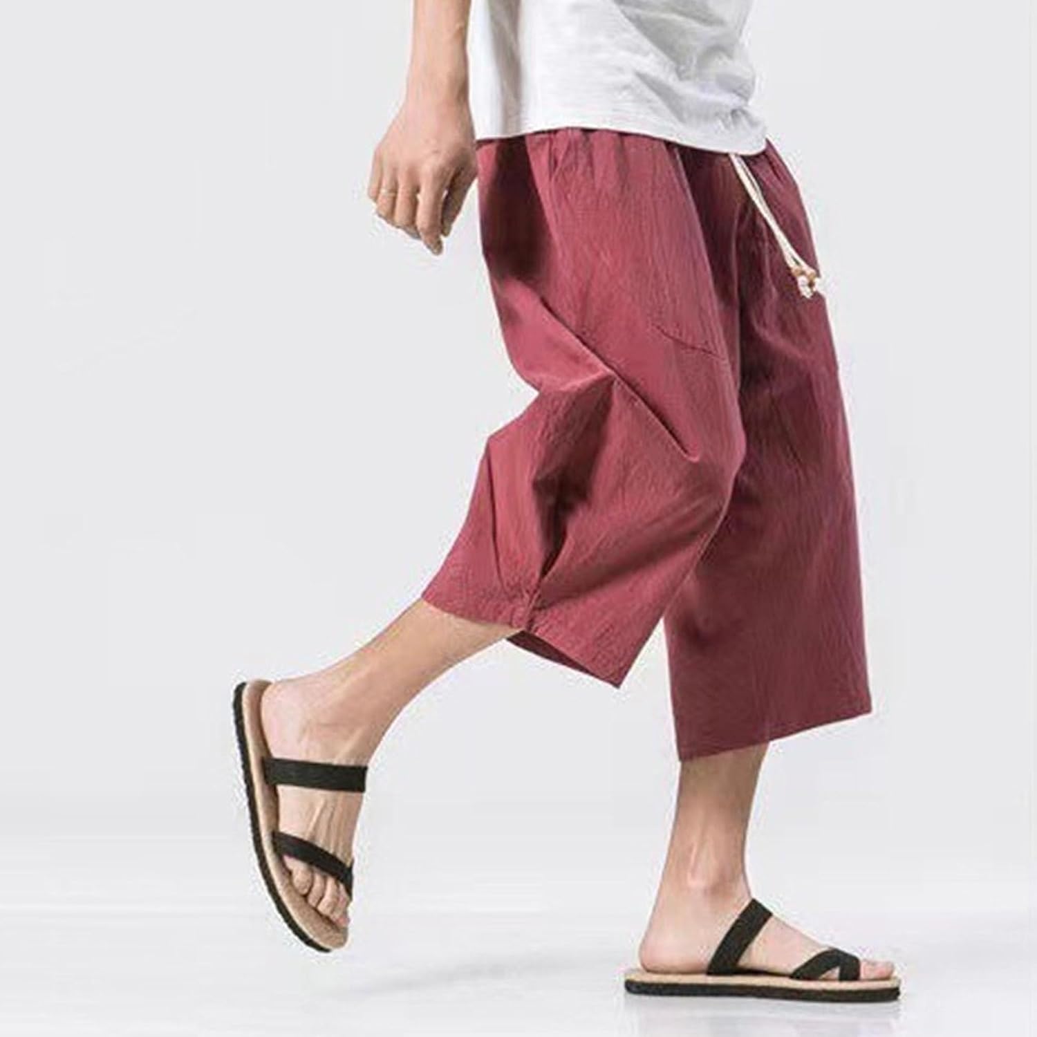 Maiyifu-GJ Men's Casual Cotton Linen 3/4 Long Shorts Elastic Waist Drawstring Jogger Shorts Summer Below Knee Short Pants