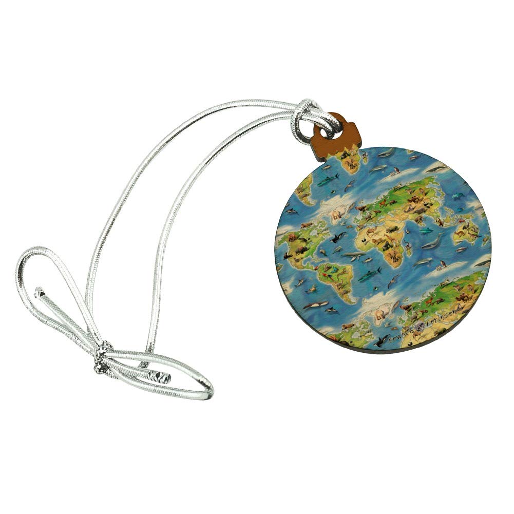GRAPHICS & MORE Animals of The World Continents Atlas Globe Pattern Mini Small Tiny Wood Christmas Tree Holiday Ornament