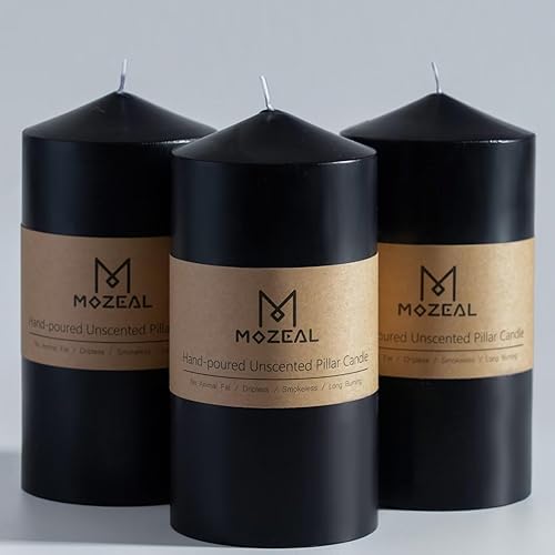 Juego de 3 velas de pilar negras sin perfume vertidas a mano de 3 x 6 pulgadas, velas antigoteo, combustión de larga duración, aproximadamente 100