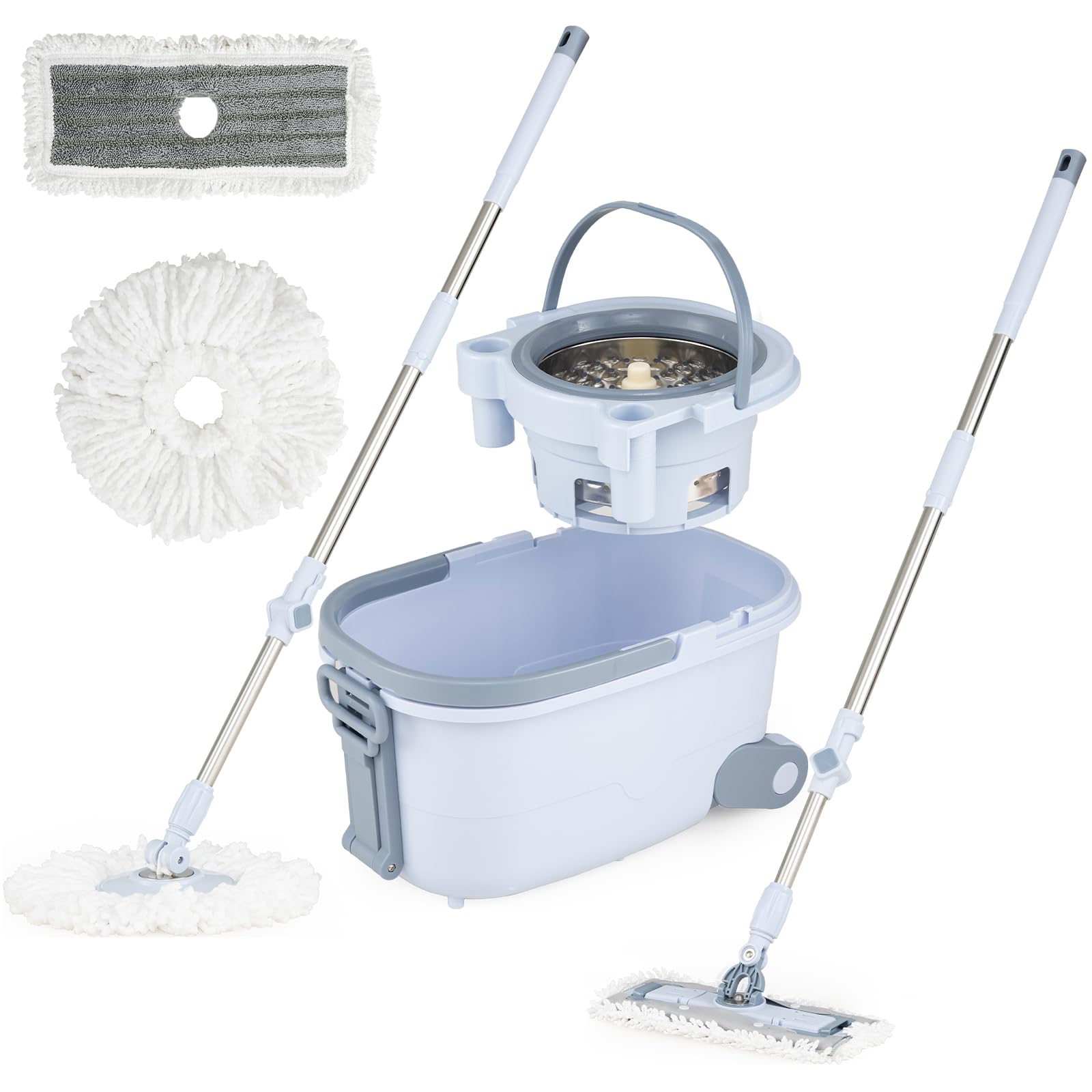 LIFEZEAL Set di secchio e mocio, mop per la pulizia dei pavimenti girevole a 360° in microfibra con manico telescopico, secchio mocio a 2 scomparti con scolapiatti (tuta mop + 6 x Round Mop)