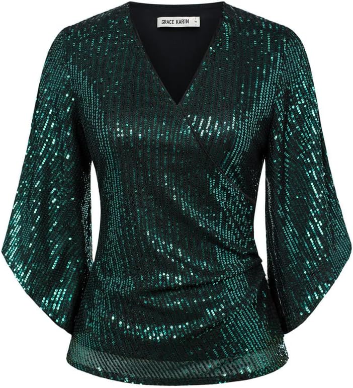 GRACE KARIN Womens Sparkly Sequin Tops,3/4 Sleeve Glitter Party Dressy Blouse,V-Neck Disco Evening Club Concert Shirt - Image 5