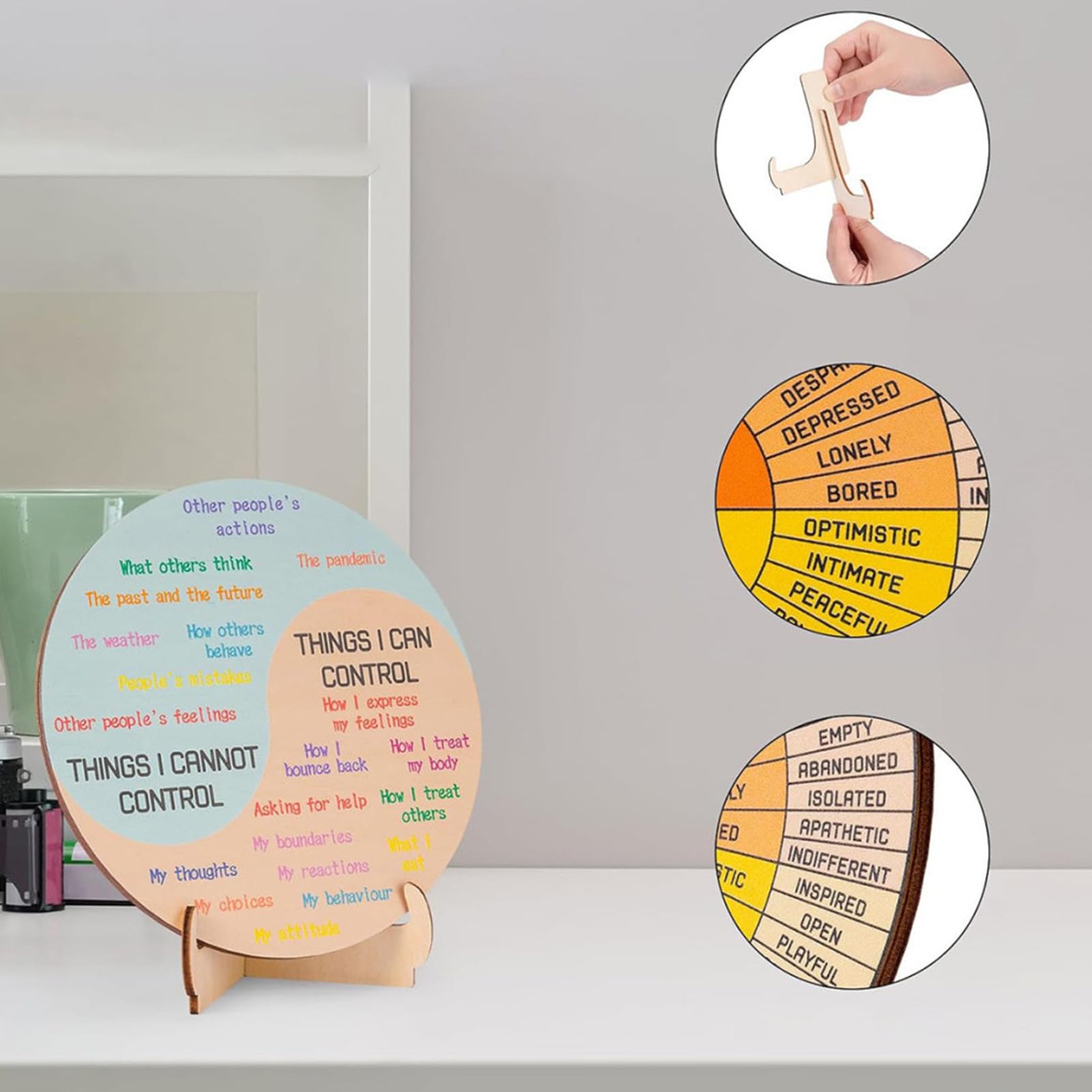 Feelings Wheel With Stand – Tableau d'humeur rond en bois, affichage des émotions double face | Aide visuelle en bois avec indicateur d'émotion, outil de bureau therpi, de l'humeur quotidienne