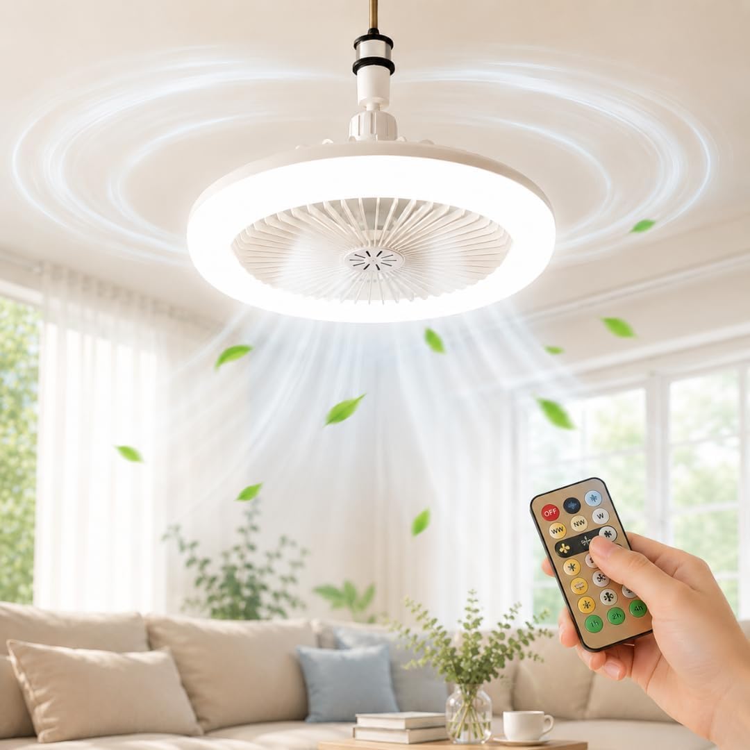 Quiet Ceiling Fan Lights with Remote Control, 3 Fan Speeds & 3 Light Modes, E27/B22 Plug in Socket Ceiling Light Bulb Fan Fitting, Practical Combined Light Fan for Bedroom, Kitchen，White