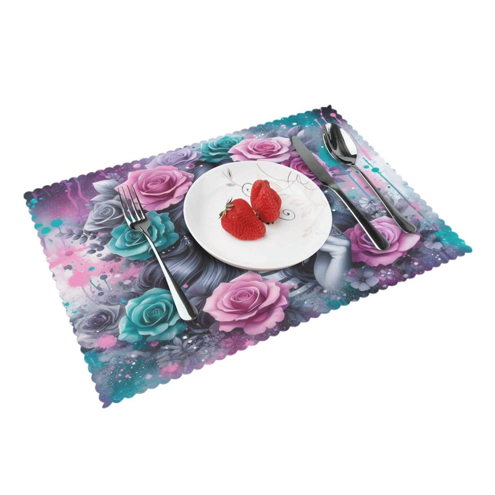 Colorful Sugar Skull Roses Day of The Dead(1) Placemats Set of 4 Print Table Mats Place Mats Table Decor for Kitchen Dining 12X18 in