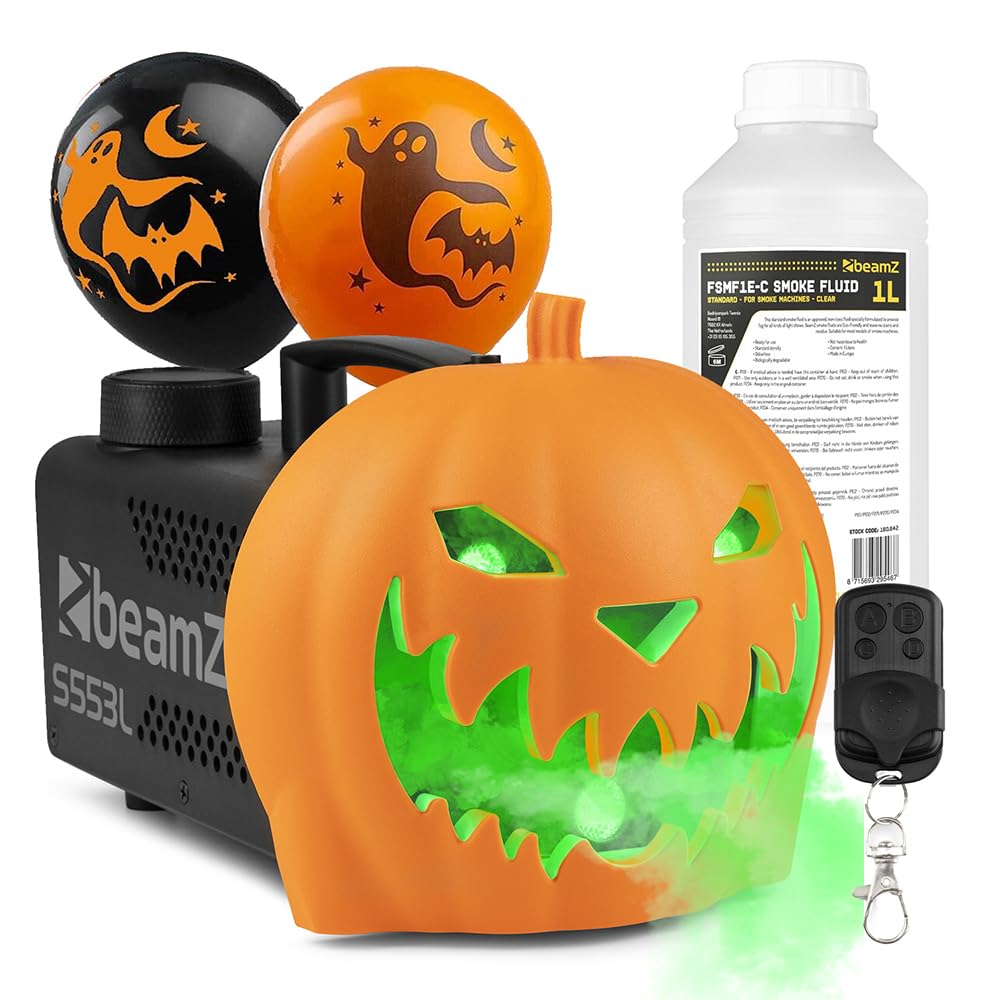 beamz S553L Halloween Fog Machine, Pumpkin Smoke Fogger with 1L Fluid & Balloon, Party Decorations for Porch Decor, Spooky Outdoor Atmosphere and Haunted House Effects
