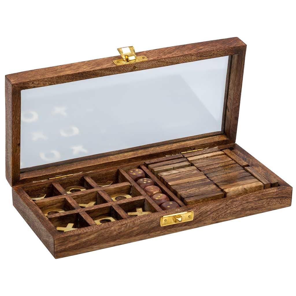 Juego 3/1 (Dominó+dados+3 en línea) en caja de madera marrón 28x13x4.5
