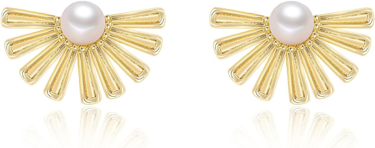 Mameloly Flower Earrings for Women Dainty 14K Gold Plated White Freshwater Pearl Stud Earrings Hypoallergenic