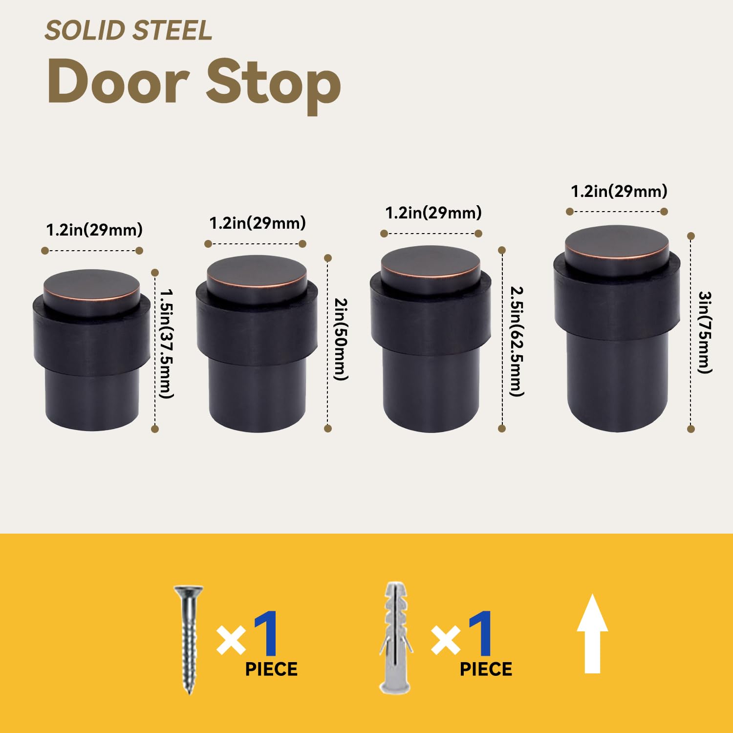 KHTUMEWARE 3801 cylindrical floor door stop dimension diagram, 1-1/2 in (38 mm) overall height, 1.38 in (35 mm) max diameter, Oil Rubbed Bronze.