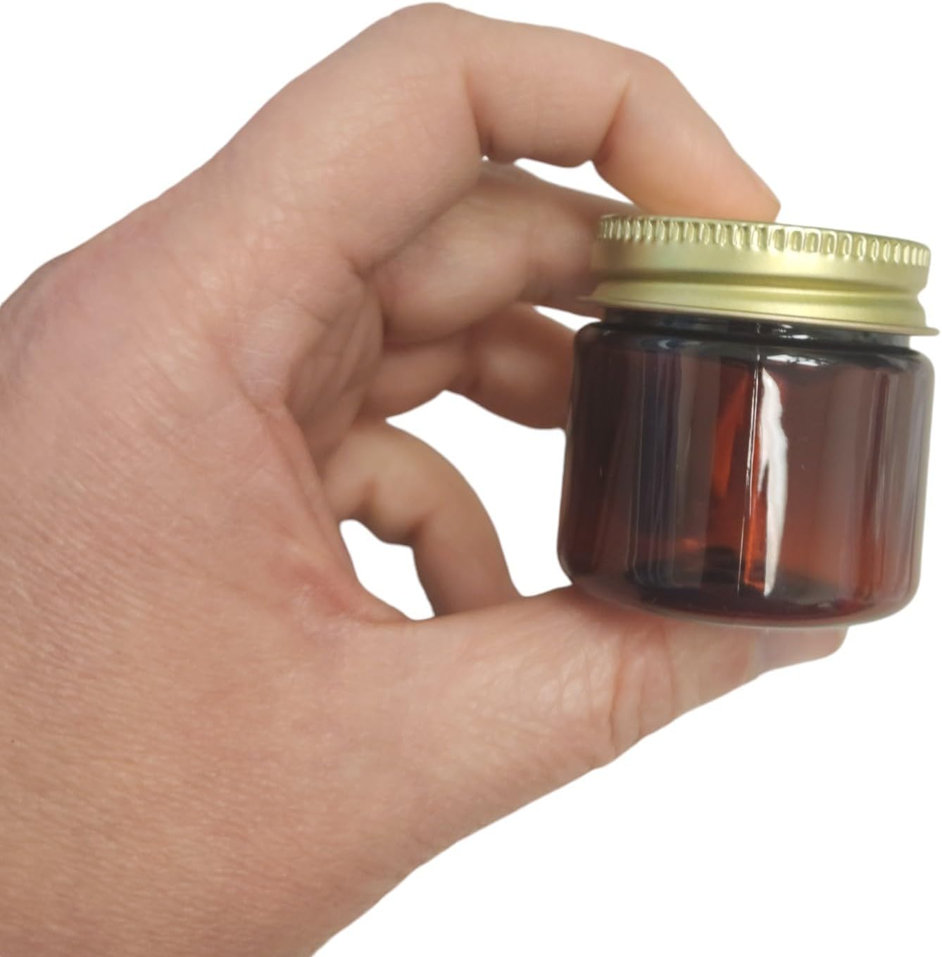 Nakpunar 16 pcs 1 oz Amber Brown Plastic Jars with Gold Metal Lids - Made in USA (1 oz, Gold)