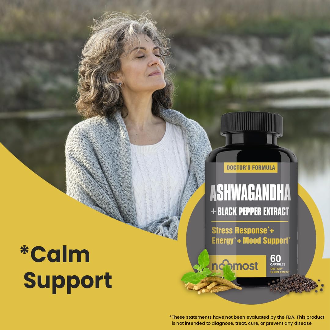 NooMost Organic Ashwagandha 400mg Capsules w/Black Pepper Extract as Vegan Ashwagandha Supplements for Anti Stress Relief, Natural Mood Support, Energy & Focus-60 Capsules