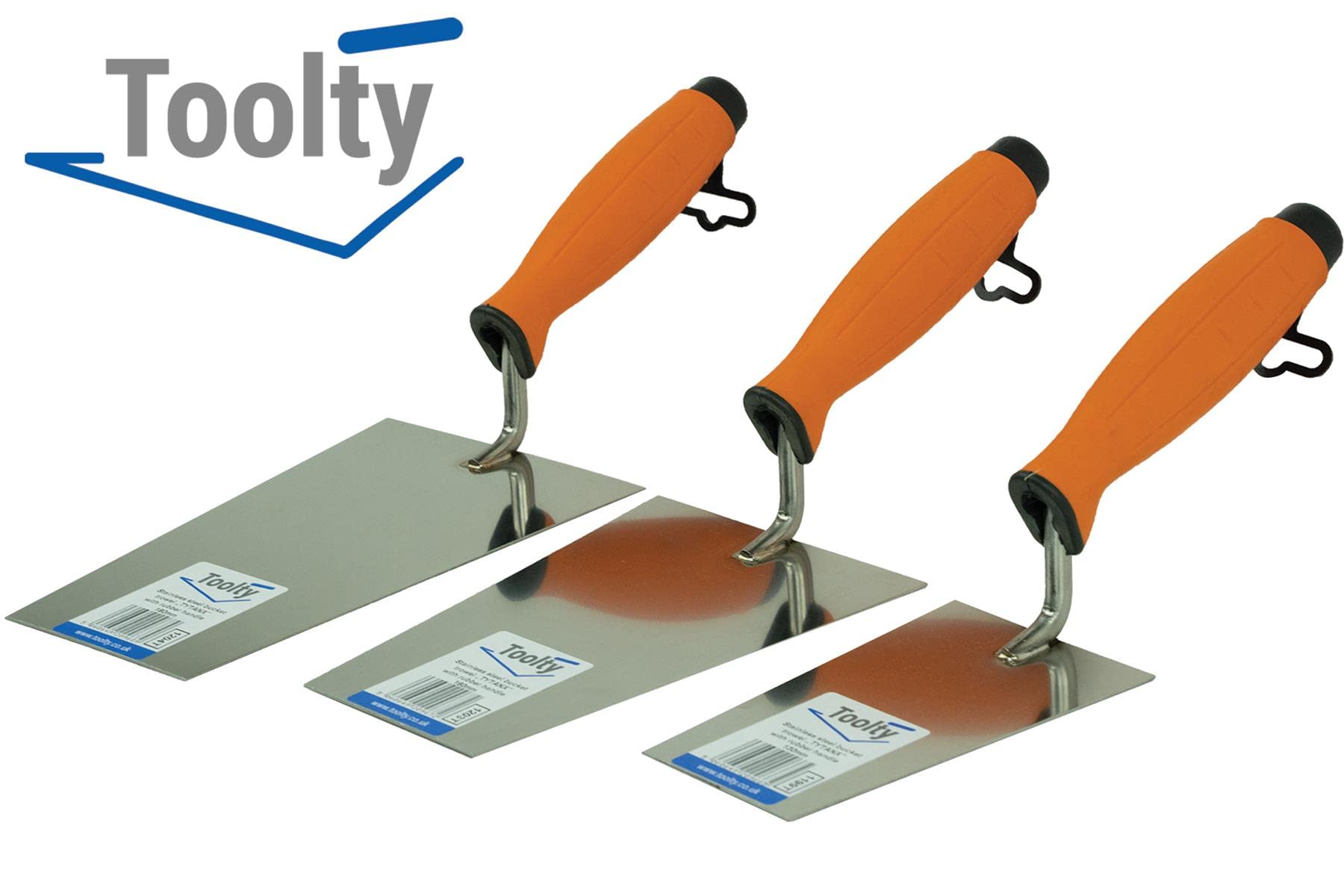 Toolty Stainless Steel Bucket Trowel, Set 130, 160, 180mm, Rubber Handle, for Scooping and Scraping: Mortar, Cement, Plaster - Image 2