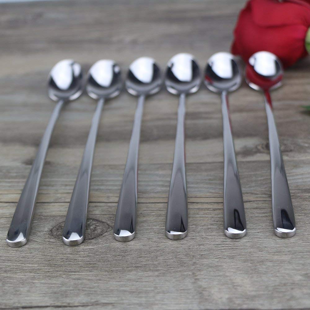 tiokin Set di cucchiai per latte macchiato, 6 pezzi, manico lungo 19,8 cm, cucchiaio lungo in acciaio inox, ideale per caffè freddo, tè freddo, frappè, gelato