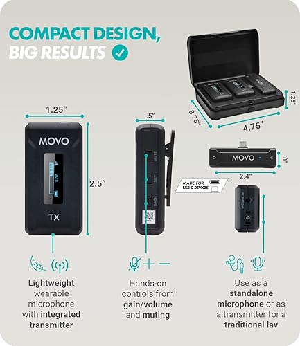 Miniatura 9 de Movo WMX-2-C Micrófono inalámbrico para Android con estuche de carga, micrófono Bluetooth para micrófono de solapa Android, micrófono de solapa