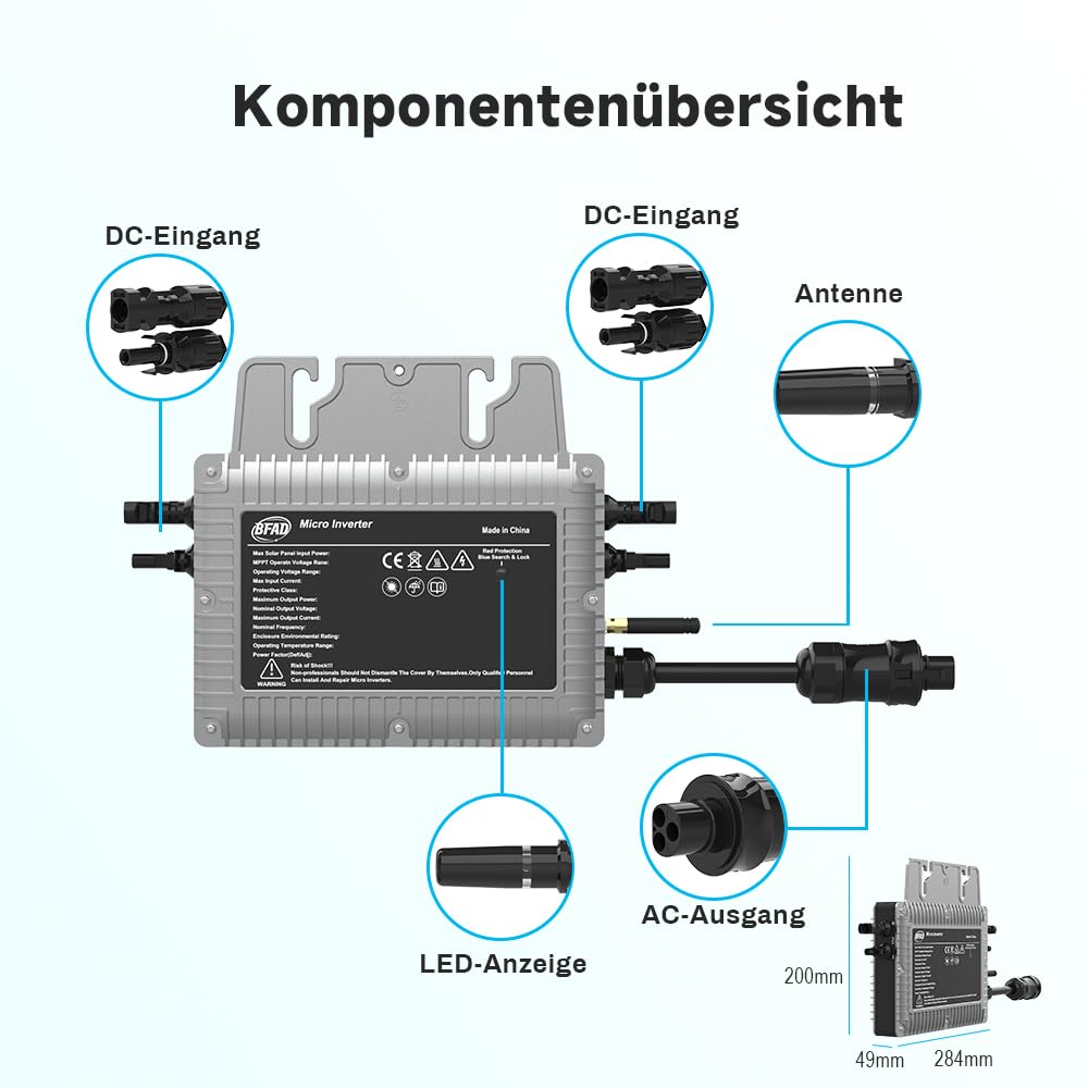Micro inverter 800 W con cavo AC da 5 m, inverter solare MPPT Micro Solar Power Supply, Plug and Play Home Easy Installation WiFi Monitoring with App IP67 Waterproof