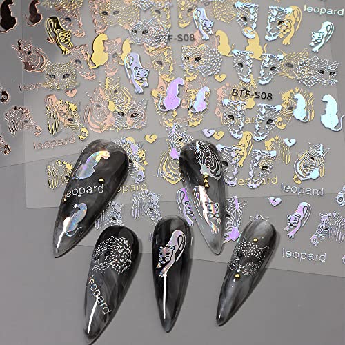Laser Glitter Leopard Nail Art Stickers,Gold Hollow Out Nail Stickers 3D Self-Adhesive Rose Gold Nail Decals Animal Nail Designs Stickers For Nails Women Nail Supplies,6 Sheets #TOP4