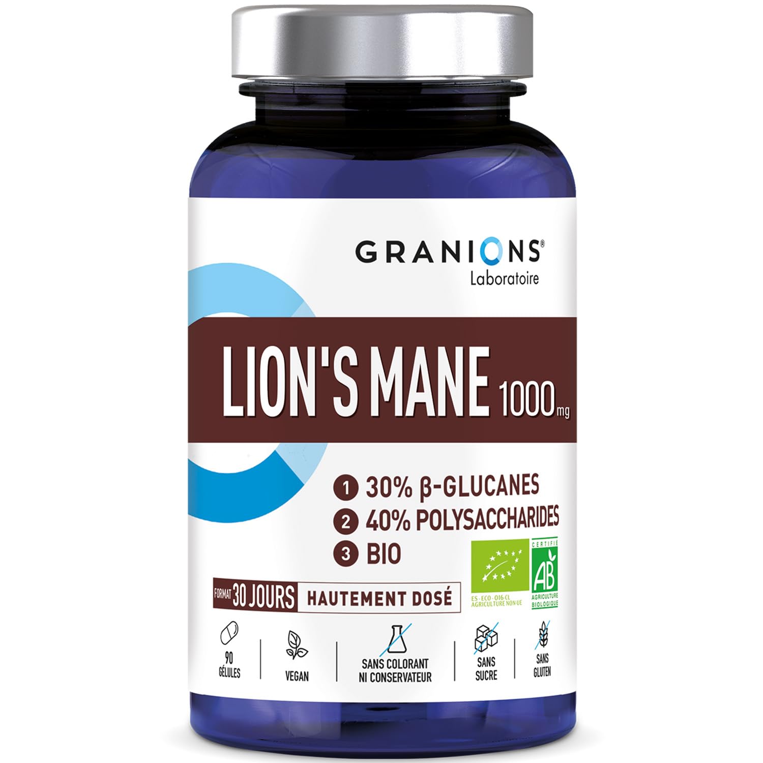 GRANIONS Lions Mane 10 000mg - Lions Mane Champignon Adaptogene Bio - Concentration - Focus - Lion's Mane - Champignons Vegan - 90 Gelules