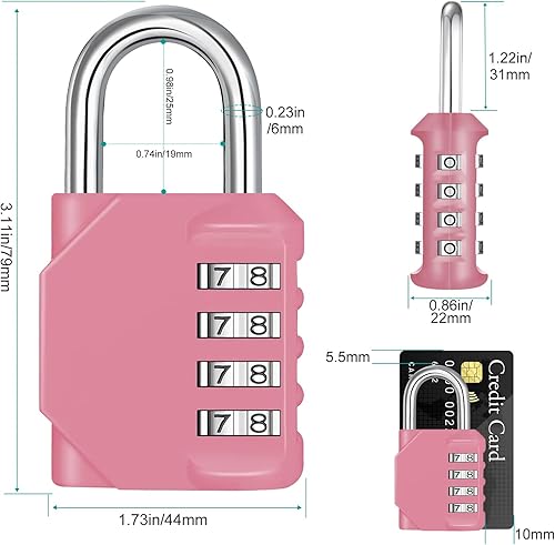 Miniatura 4 de ZHEGE - Candado de combinación de 4 dígitos para exteriores, casillero de escuela y gimnasio (rosado)