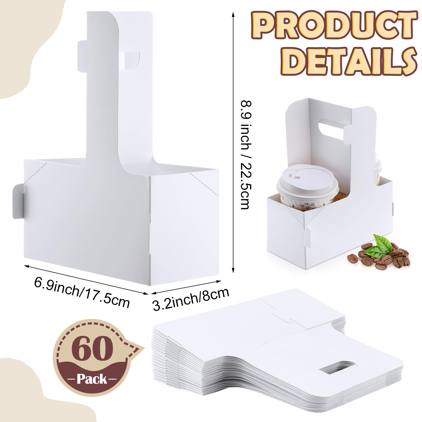 Kosiz 60 Pcs 2 Cups Drink Carrier with Handles 6.9 x 3.2 x 8.9 Inches Coffee Holder Paperboard Drink Caddy for Hot and Cold Drinks, Takeout, Cafe and Restaurant Food Delivery Service(White)