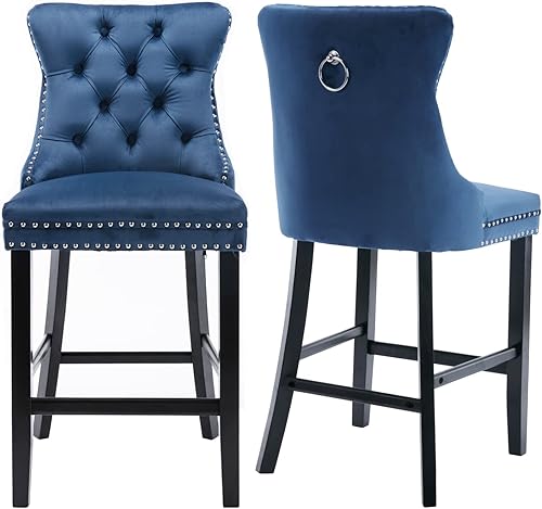 Miniatura 10 de Magipa Taburetes de bar de altura de mostrador, patas de madera maciza, silla de bar tapizada de terciopelo con respaldo de ala copetuda y ribete de
