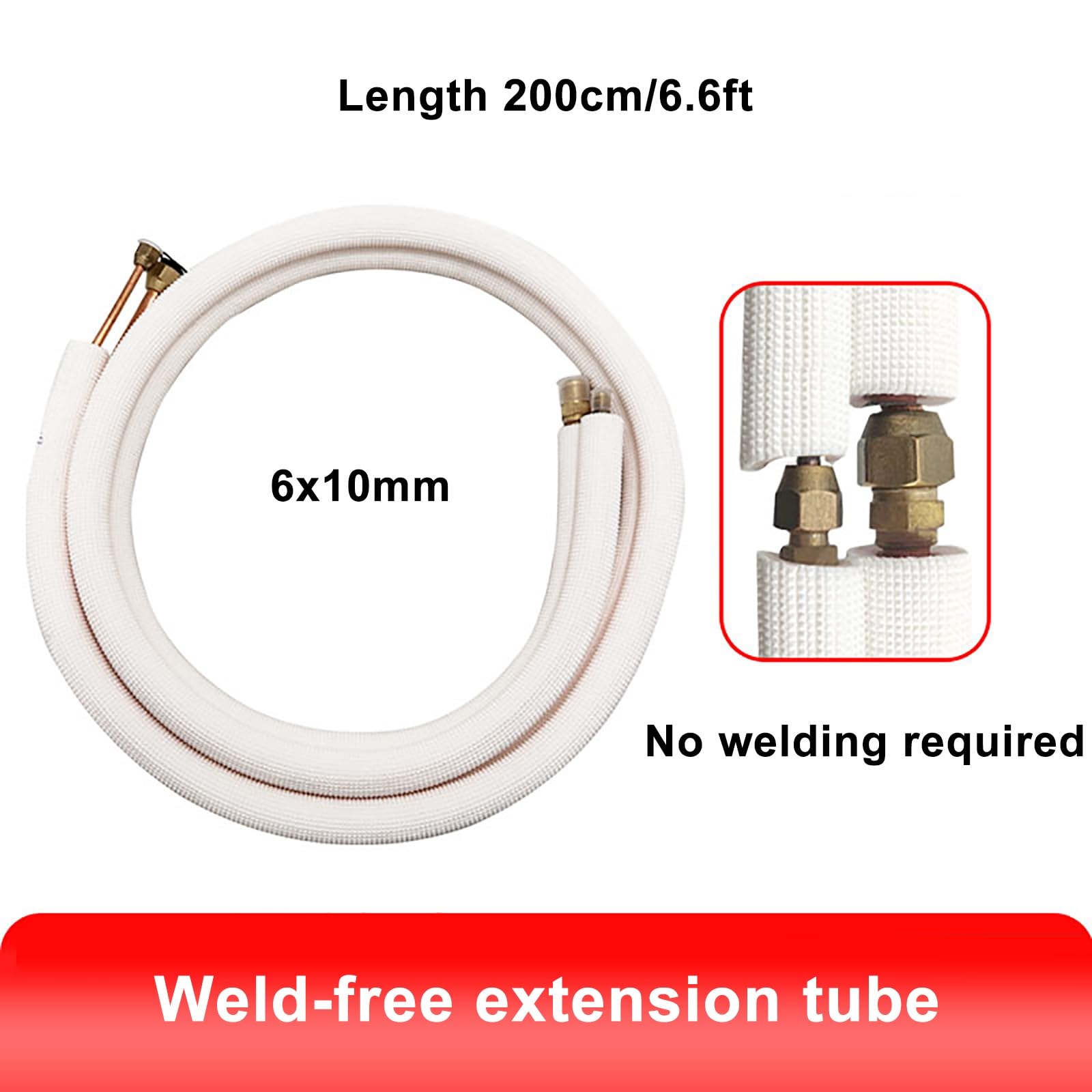 Tubo aislado para aire acondicionado, 6 mm x 10 mm x 200 cm, tubo dividido de doble bobina, no necesita soldadura, protección térmica duradera para tuberías de cobre