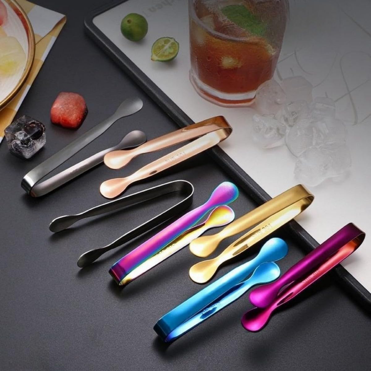 Mini pinzas para servir de acero inoxidable, pinzas de hielo negro para cubos de azúcar, aperitivos, fiesta de té, barra de café, postres 7