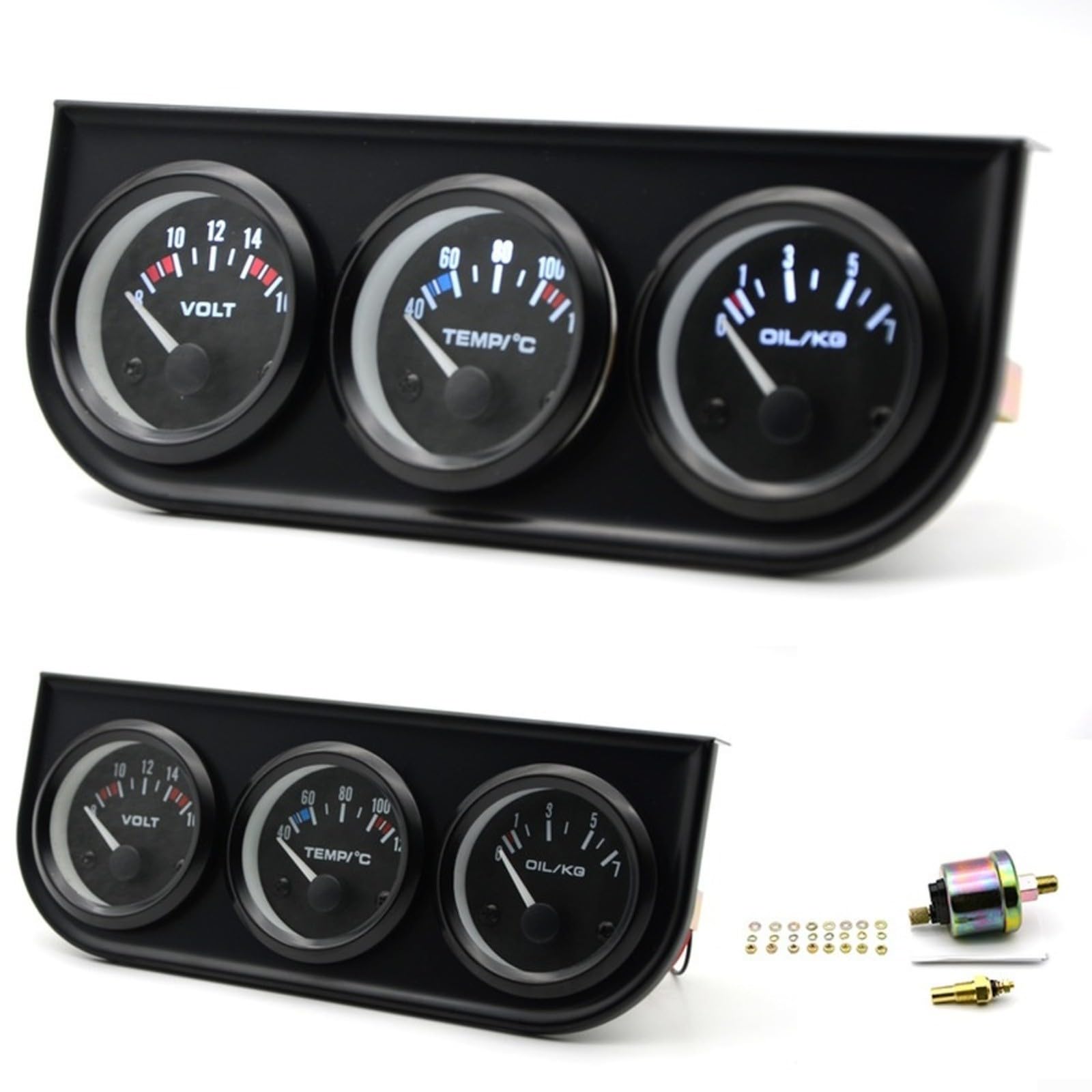 52 mm schwarzes Dreifach-Messgerät-Set, Spannungs-, Wassertemperatur- und Öldruckmessgerät mit LED-Anzeige, für Auto, Motorrad, LKW, Traktor, Schiffsmotoren