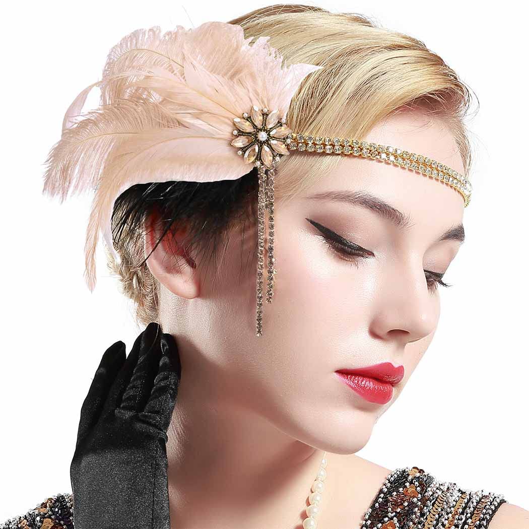 Yokawe 1920s Flapper Headband Feather Headpiece Rhinestone Great Gatsby Hair Accessories for Women (Champagne)