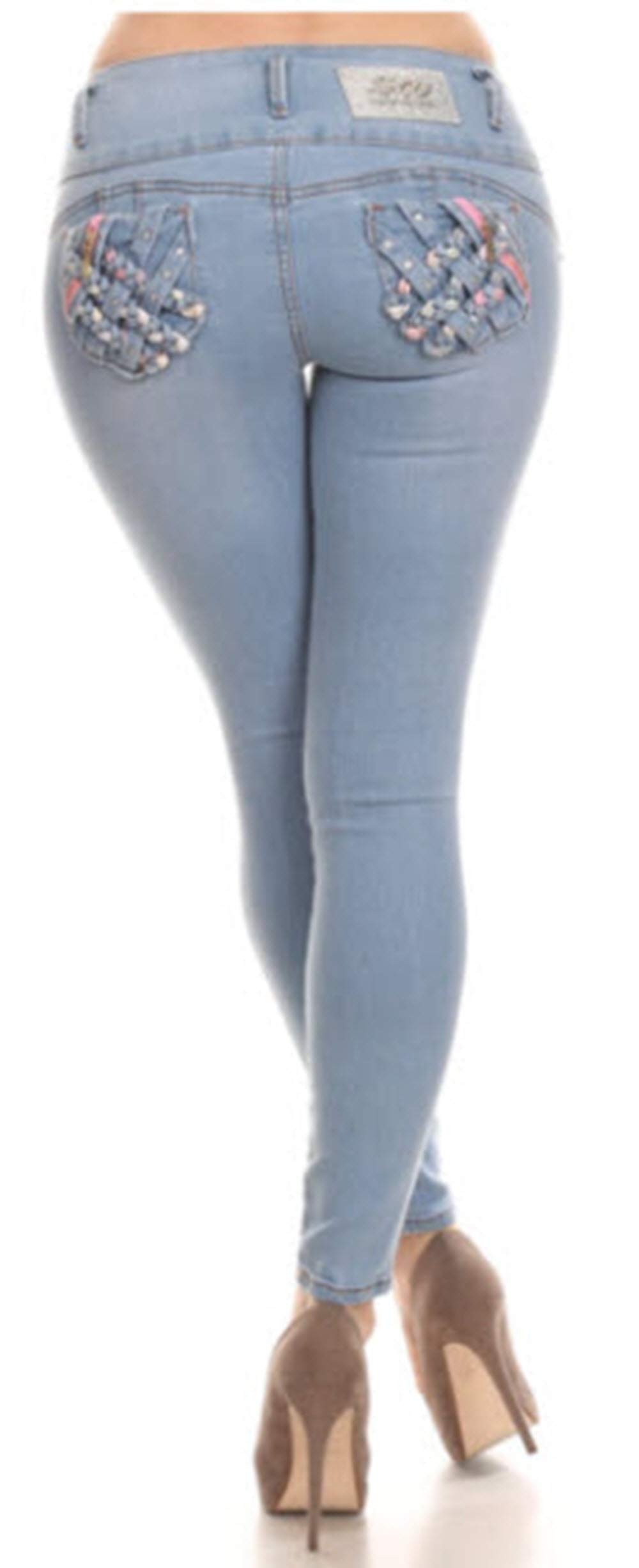 Malibu Boutique Baby Blue Butt Lifting Skinny Jeans with Embellished Back Pockets & Ripped Detailing (9)