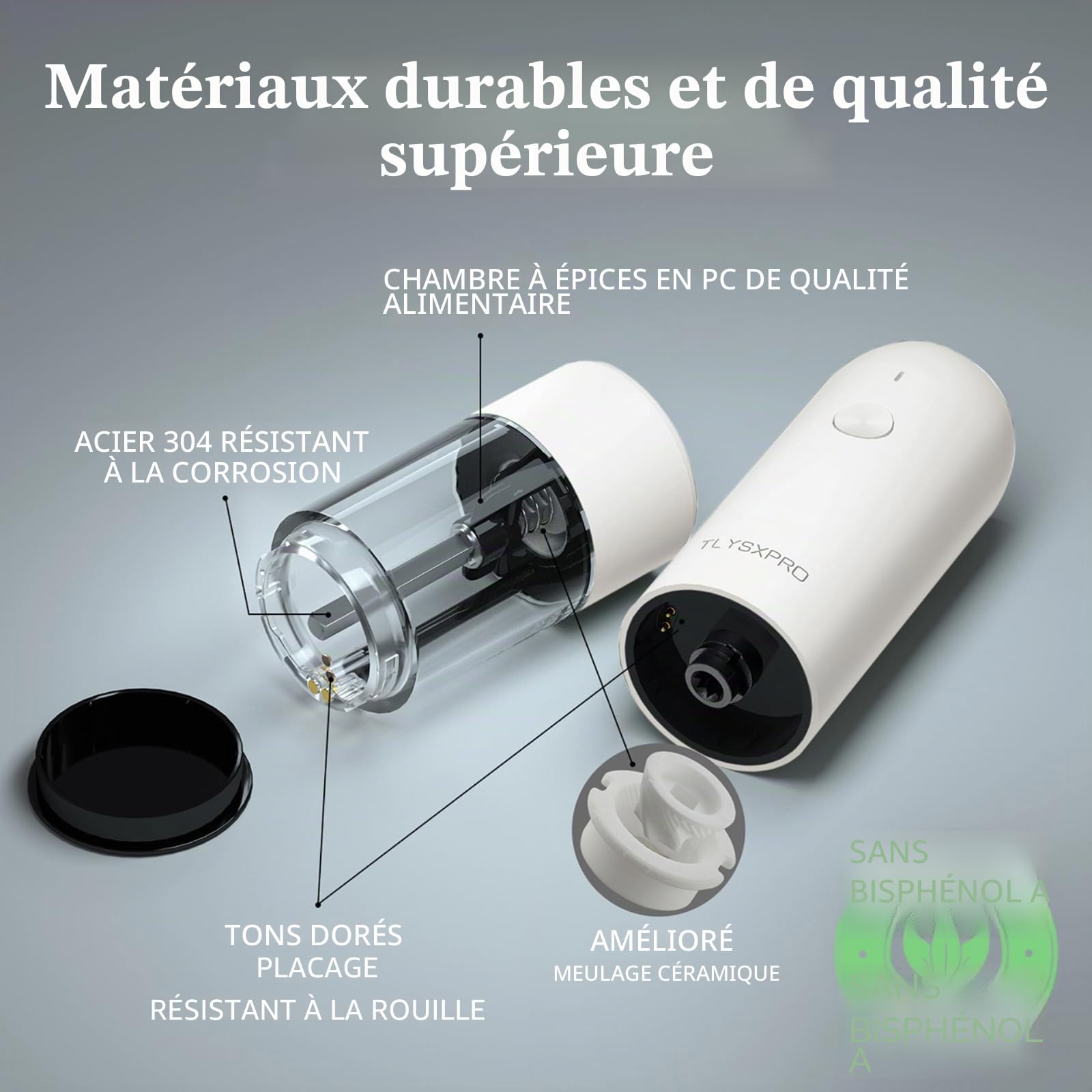 TLYSXPRO Moulin à poivre électrique, rechargeable par USB, moulin à sel et poivre automatique, avec réglage de la grosseur, lumière LED, rechargeable, accessoire de cuisine (1 pièce, Blanc)