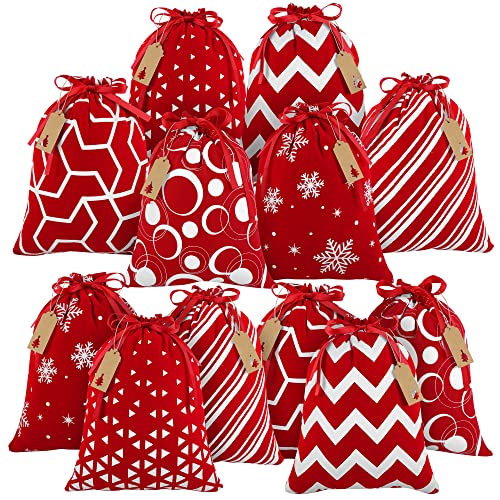 MIMIND Christmas Drawstring Gift Bags - 12 Pieces Red and White Cotton Fabric 12 x 10 Inch Party Favor Bags for Christmas Supplies 6 Designs