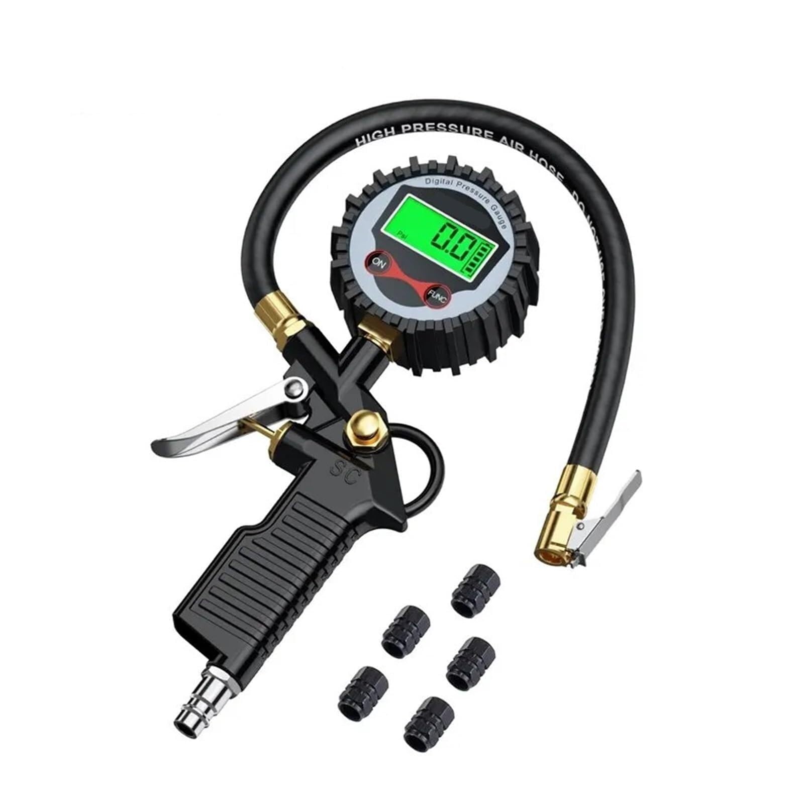 Manometro Pressione Acqua Tester for veicoli retroilluminato con manometro for pneumatici display digitale e 5 cappucci for valvole neri