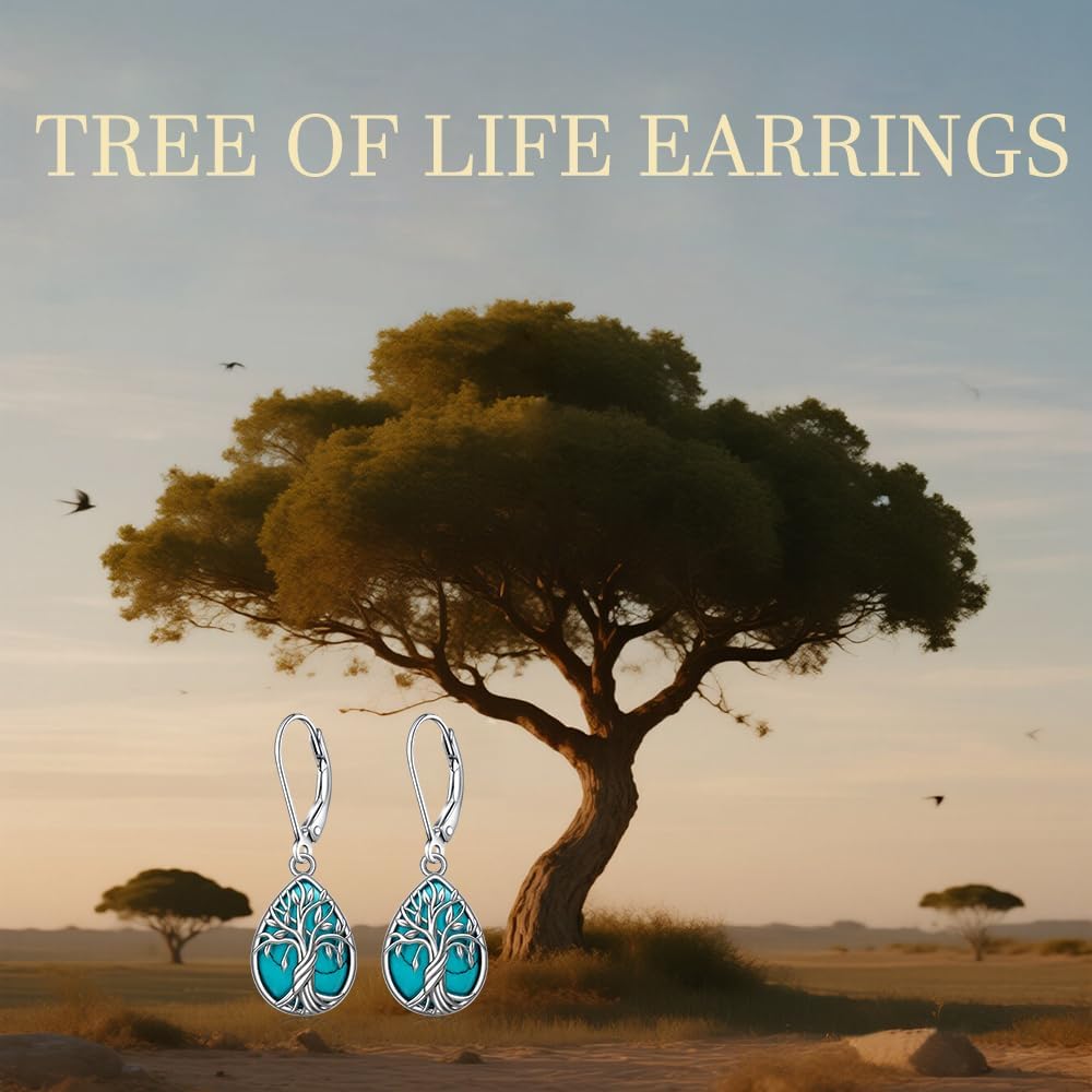 Turquoise Tree of Life Earrings for Women Sterling Silver Tree of Life Earrings Turquois Jewelry Dangle Drop Leverback Teardrop Birthday Gifts - Image 6