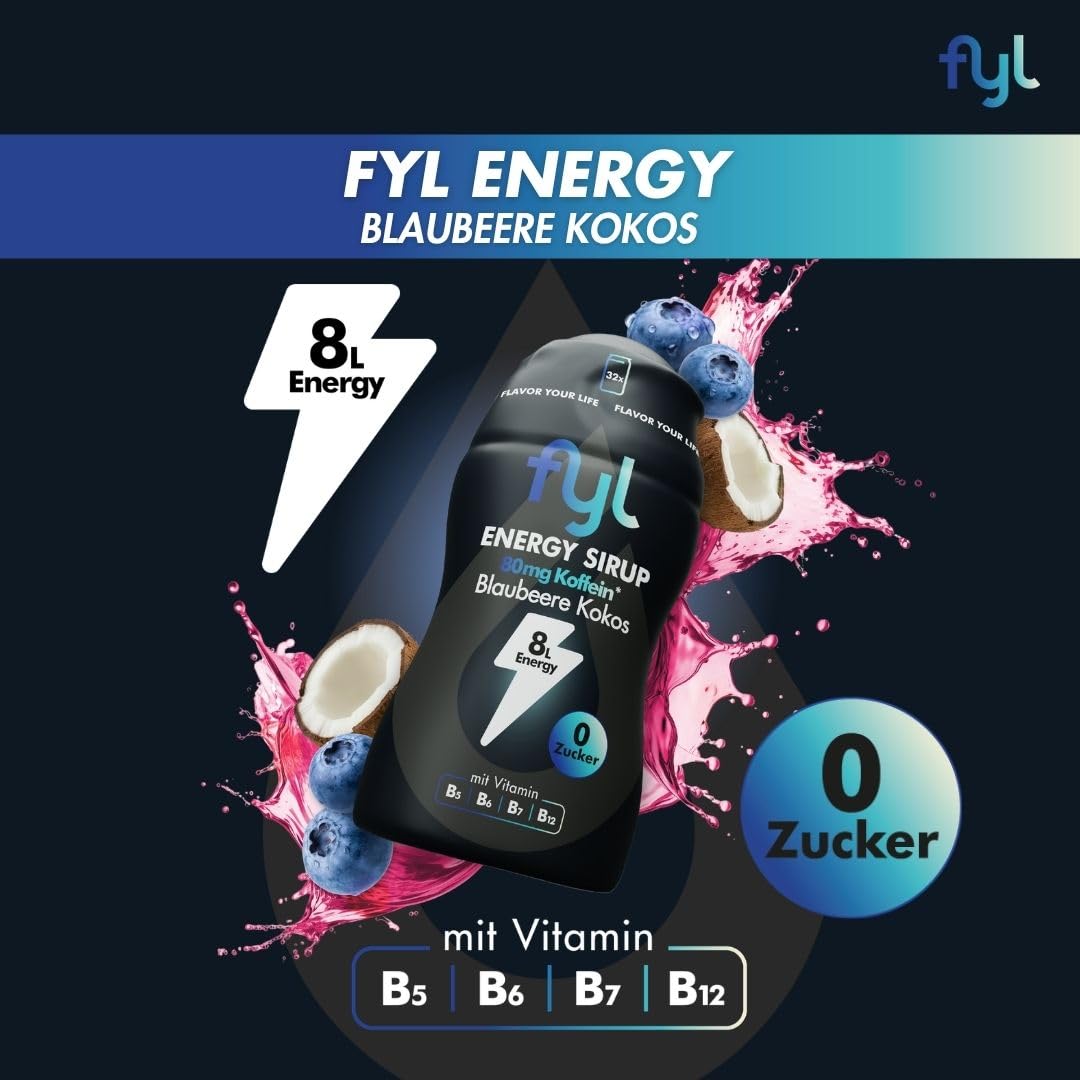 fyl Energy Sirup Zuckerfrei Blaubeere Kokos 65ml – bis zu 8l Energy Drink, Zero Zucker, mit Koffein & Vitamin B Komplex, kalorienarm, ohne Taurin, Getränkekonzentrat