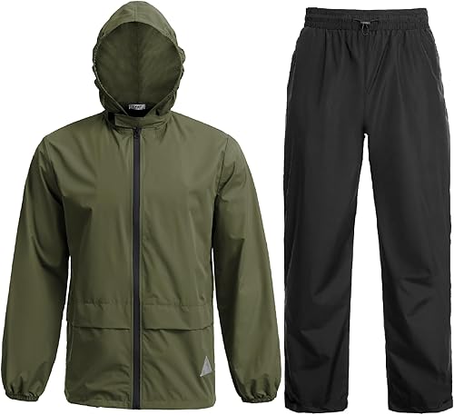 COOFANDY Traje de lluvia para hombre, impermeable, ligero, transpirable, chaqueta de lluvia, pantalones de 2 piezas, traje de lluvia