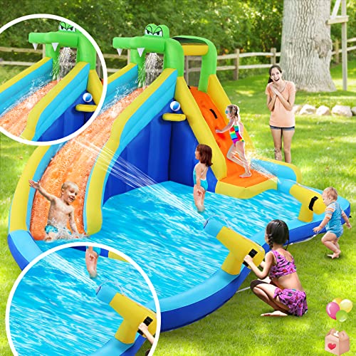 Inflatable Water Slide Park, Kids Bounce House with Slides, Climbing Wall, Splash Pool, Cannon, Basketball Hoop Jumping Castle w/Air Blower, Hose, Carry Bag, Repairing Kit, Stakes 1
