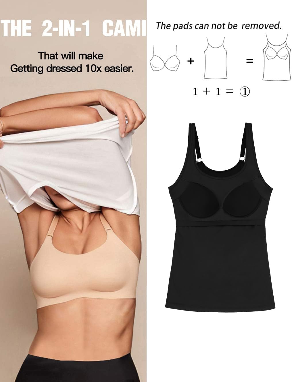 ANYFITTING Tank Tops with Built in Bras Padded Sewn in Camisole Wide Adjustable Strap Basic Undershirt Sleeveless Shirt Top - Image 2