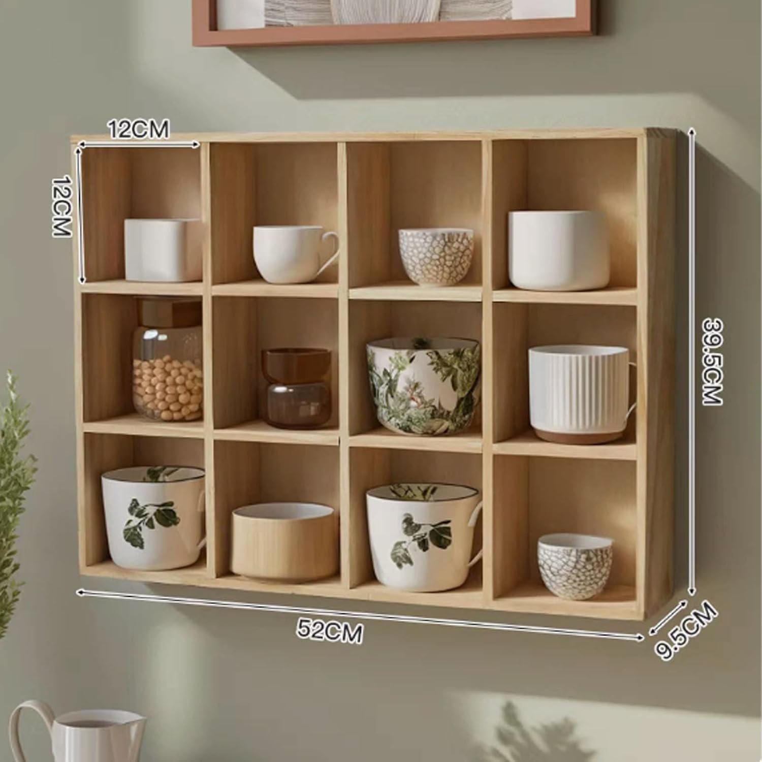 Kaffeebecher-Präsentationsregal zur Wandmontage, Holz-Schattenbox-Regal für Tassen und Sammlerstücke, platzsparendes Regal mit 12 Fächern, für Küche, Büro (Naturholz, 52 x 9,5 x 39,5 cm)