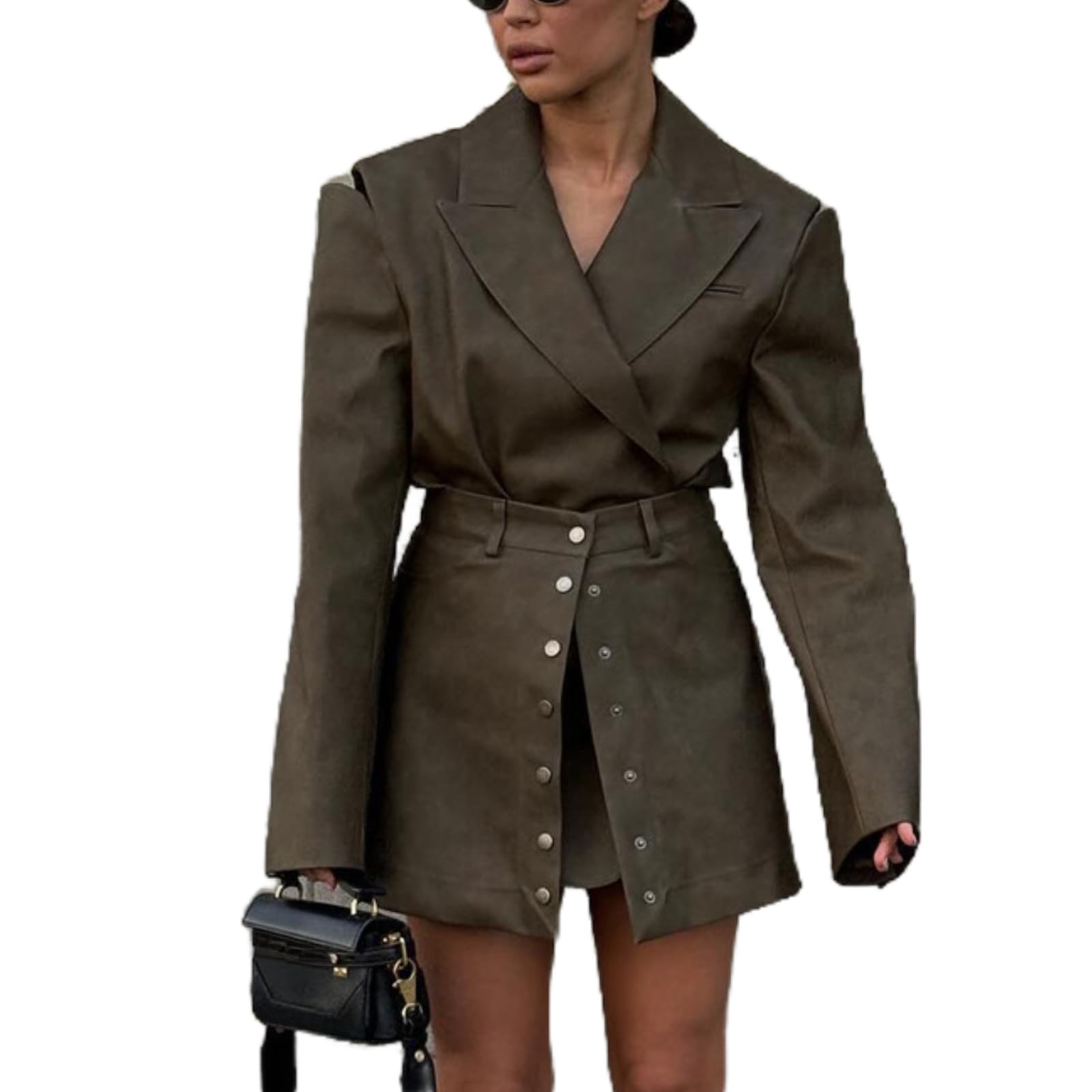 Womens PU Leather 2 Piece Outfits Long Sleeve Lapel Jacket Top Buttons Mini Skirt Sexy Vintage Skirt Sets
