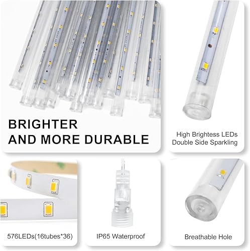 Miniatura 7 de PEMOTech Luces de lluvia de meteoritos, 15 tubos de 11.8 pulgadas, 540 luces LED de Navidad, luces LED de nieve para exteriores, impermeables, luces