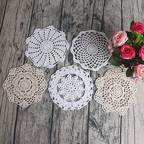 Toseey 100% Cotton Crocheted Doilies,Handmade Round Crochet Lace Table Placemats Doilies Value Pack, Mix, Pack Of 5,Beige&White(7Inch) #TOP6